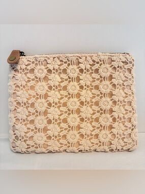 MONOPRIX Femme Lace & Blue Stripe Zipper Top Cosmetic Makeup Bag